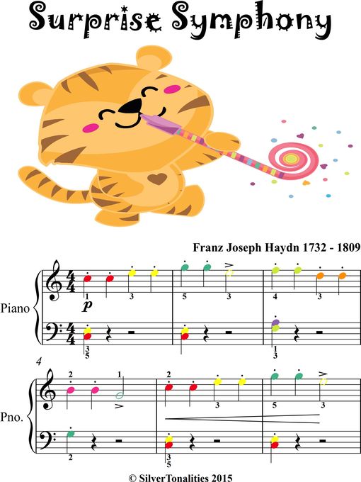 Cover image for Surprise Symphony Easy Elementary Piano Sheet Music with Colored Notes